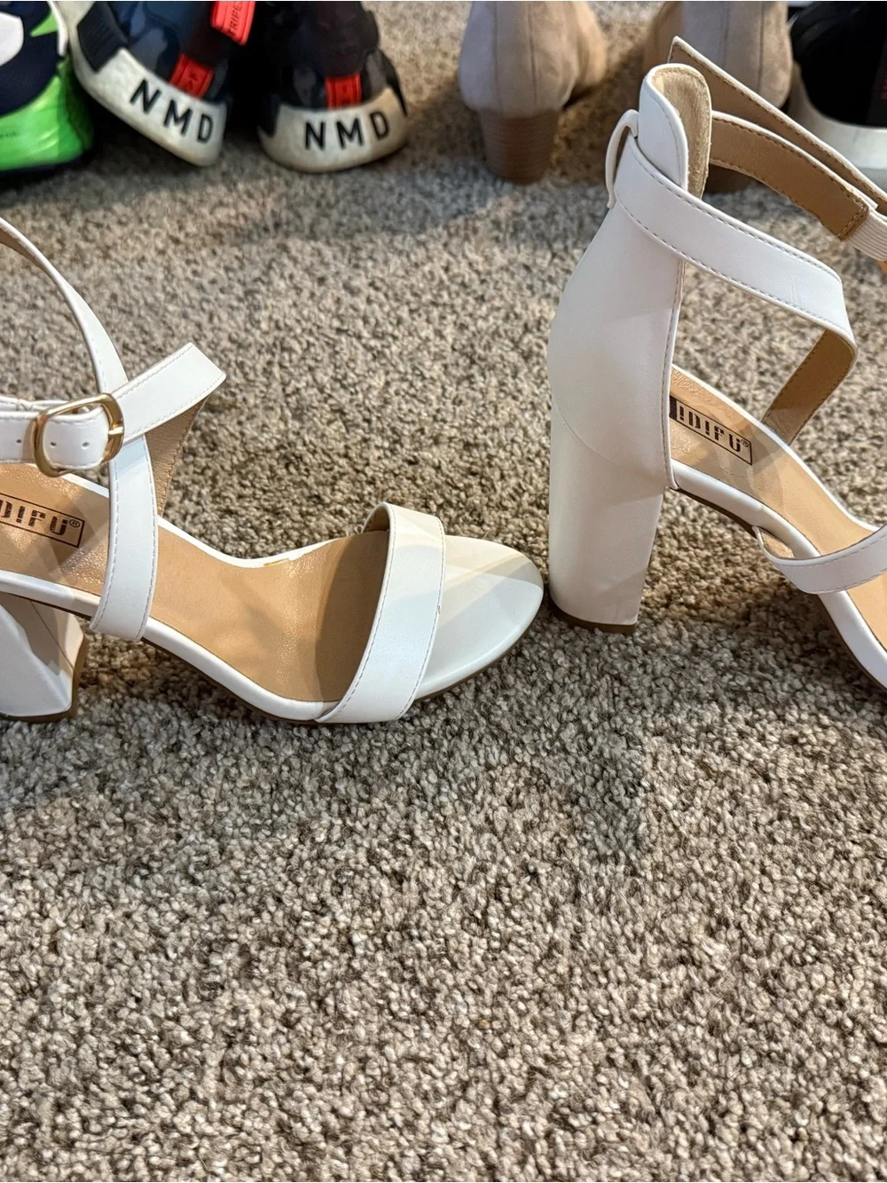 White Crisscross Block Heel Sandals